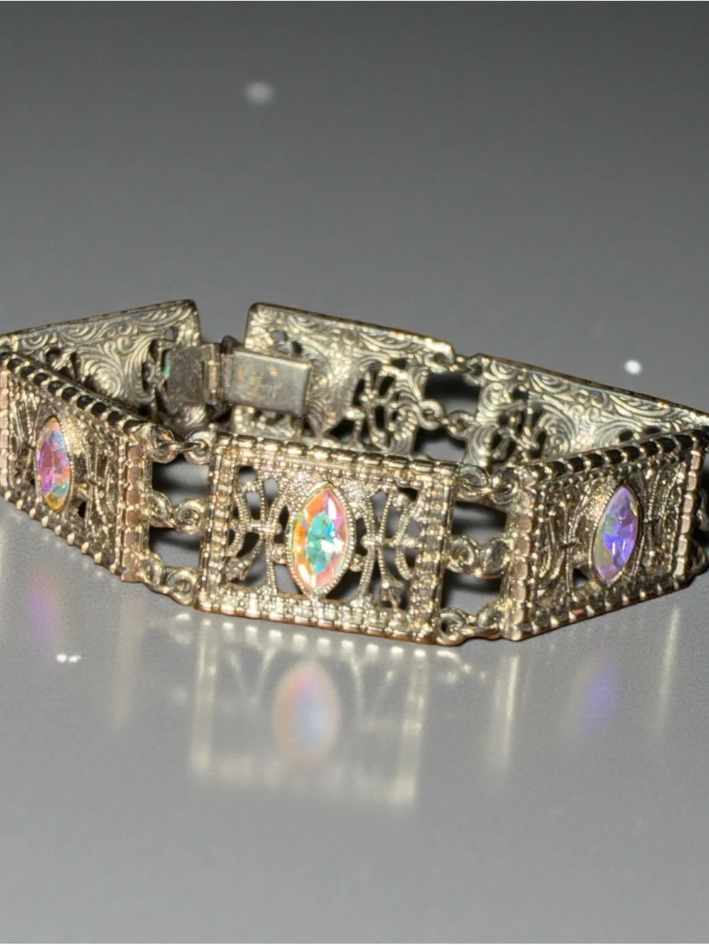 Aurora Borealis Marquise Crystal Filigree Bracelet - Silver Tone